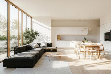 Bright modern open-plan living room and kitchen with large windows, black sectional sofa, wooden dining table, and natural light creating a warm and inviting atmosphere