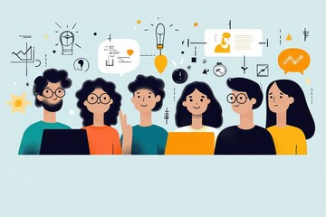 Illustration of six diverse young adults collaborating with laptops and digital icons representing ideas, communication, and teamwork in a creative work environment