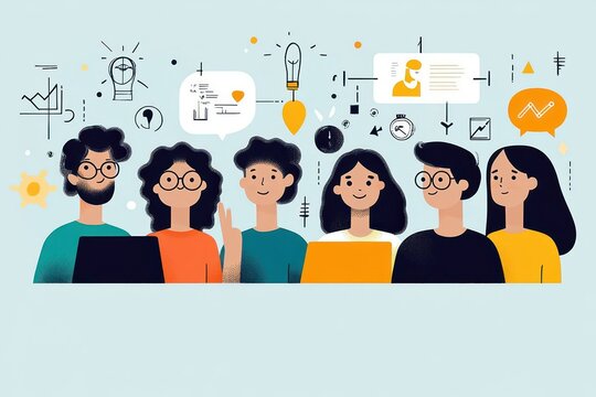 Illustration of six diverse young adults collaborating with laptops and digital icons representing ideas, communication, and teamwork in a creative work environment