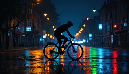 Silhouette of cyclist on a city street at night.