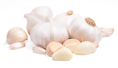 garlic cloves, bulb with garlic slices isolated on white background.