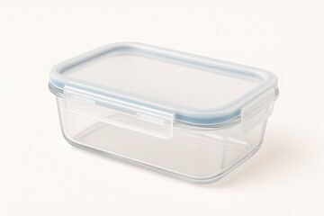 Transparent food storage container with blue lid isolated on white ideal for meal prep visuals and packaging design