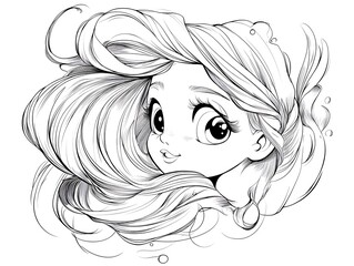 風になびくロングヘアの少女のイラスト