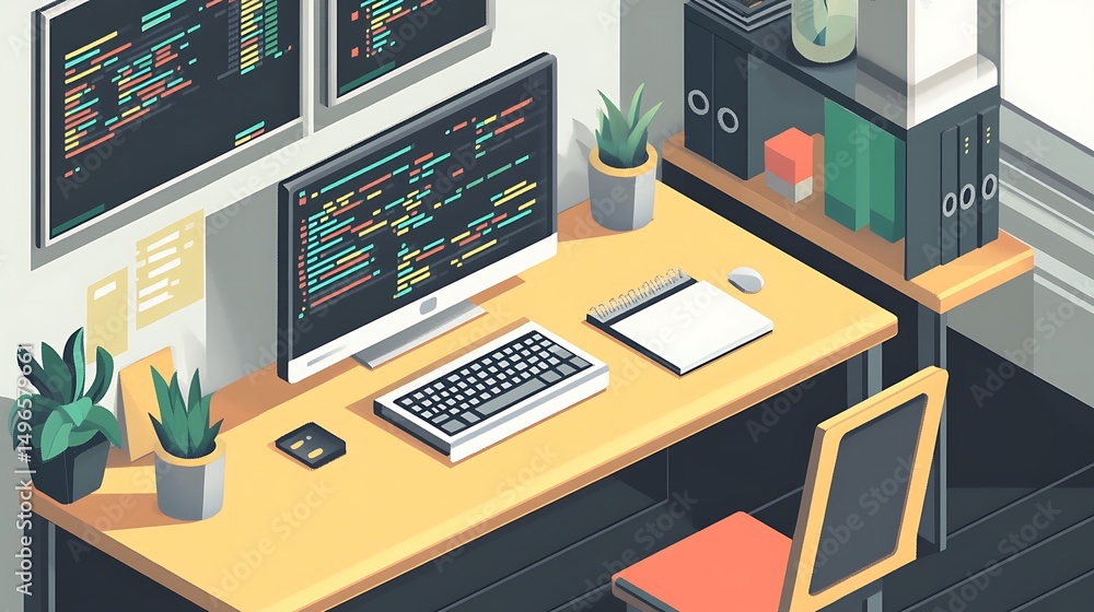 Poster coders isometric desk workspace.