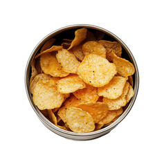Crispy potato chips arranged neatly in a tin container on a Transparent background, Isolated image potato chips placed around tin mouth on PNG background
