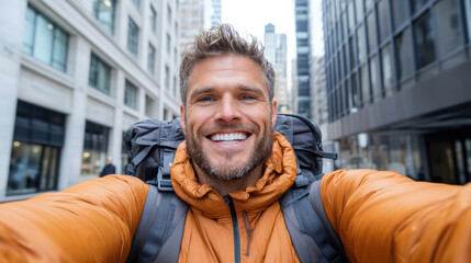 Man with backpack is taking cheerful selfie in urban setting, showcasing city buildings