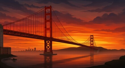 Suspension Bridge Silhouette at Sunset Over Water with Cityscape