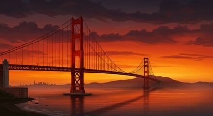 Fototapeta premium Suspension Bridge Silhouette During Sunset Painting Style