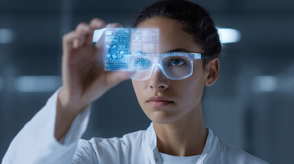 Woman with Futuristic Glasses Interacting with Holographic Display