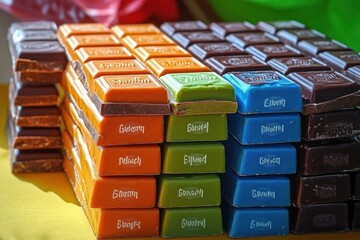 Stacks of colorful chocolate bars in orange, green, blue, and dark brown shades arranged neatly on a bright surface, evoking a sense of indulgence and variety