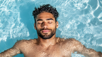 Calm man submerged in clear water, eyes closed, enjoying serene moment of relaxation