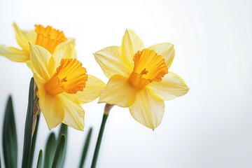 Fototapeta premium Three vibrant yellow and orange daffodil flowers with green stems against a bright white background, evoking freshness and springtime beauty