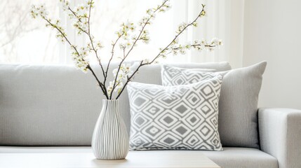 Serene Spring Living Room Decor:  Grey Sofa, Blossoms, and Geometric Pillows