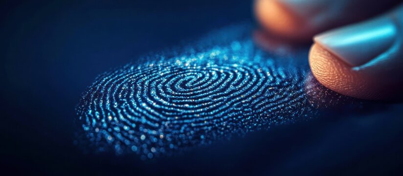 Close-up of a fingertip pressing on a glowing fingerprint scanner with illuminated blue biometric pattern