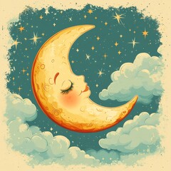 Sleeping crescent moon, night sky, clouds, dreamland, children's book