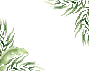 Tropical frame with green palm leaves in the corners, watercolor. Hand drawn vector illustration. For greeting cards, invitations, summer big banners, posters, labels.