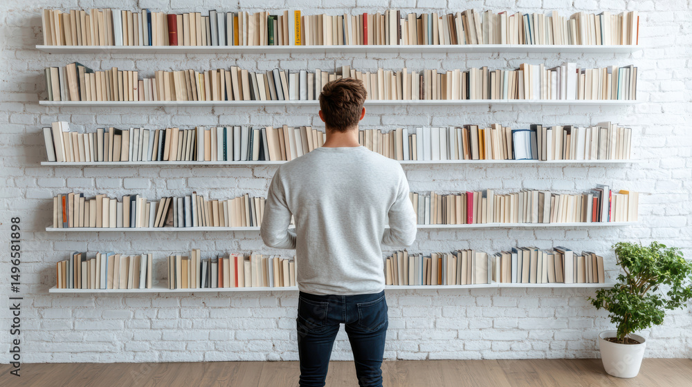Poster man soft sweater stands front of tidy bookshelf filled with books, contemplating his choices