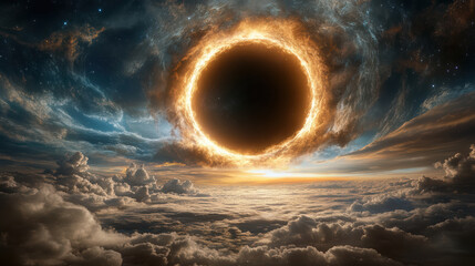 Massive black hole surrounded by glowing clouds and stars creates stunning cosmic scene