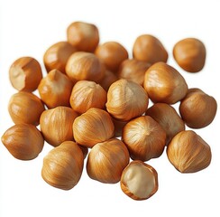 Fototapeta premium Close-up of a pile of whole hazelnuts with one cracked open showing the creamy nut inside against a white background