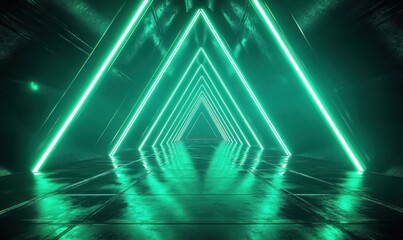 Futuristic tunnel with glowing green triangular neon lights reflected on shiny black floor creating depth and symmetry
