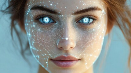 Close-up of a young woman’s face with glowing blue eyes and a digital network grid overlay highlighting facial features expressing calm and futuristic emotion