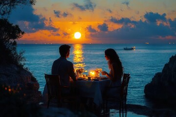 Romantic couple having candlelit dinner at a table on a rocky shore overlooking the ocean during a vibrant sunset with a boat in the distance