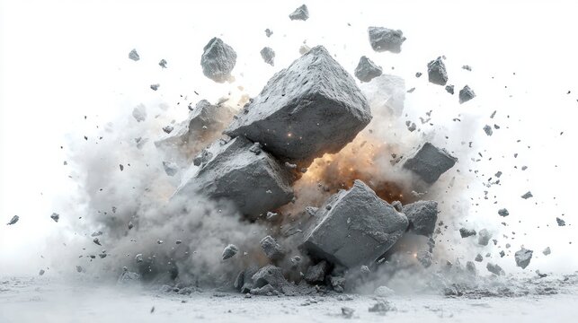 massive explosion of large gray concrete blocks breaking apart with dust and small debris scattering in high energy blast