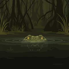 Alligator Submerged in Swamp Water with Ripples and Dark Forest
