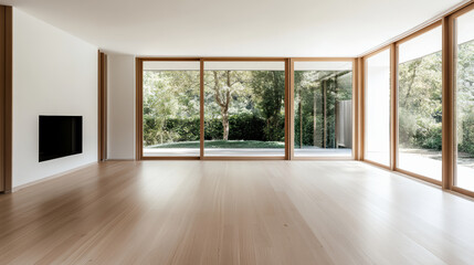 Fototapeta premium Minimalist home studio with large windows, natural light, and wooden floors creates serene