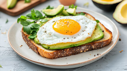 Creamy avocado toast topped with sunny side up egg, garnished with fresh greens and pepper