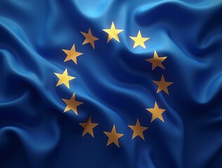 A majestic digital painting of the European Union flag waving in the wind, with golden stars shining brightly against a deep blue background, symbolizing unity and peace
