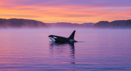 Fototapeta premium Photo of Orca in Foggy Pink and Purple Sunrise Ocean