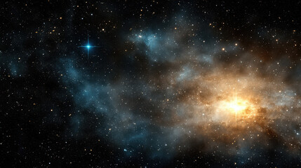 Bright starfield with glowing stars and cosmic clouds, evoking sense of wonder and exploration