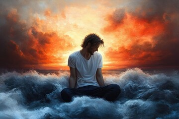Obraz premium Young man sitting cross-legged on turbulent water with dramatic orange and dark stormy clouds at sunset expressing contemplative mood