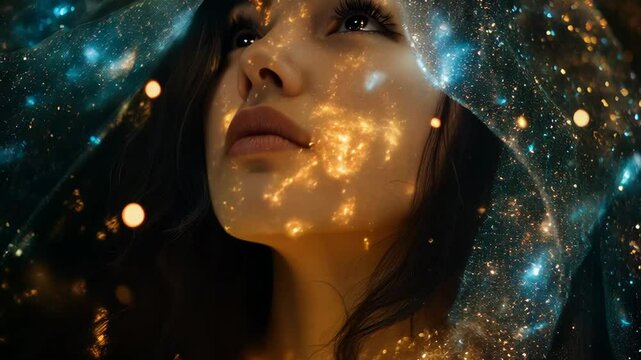 Beautiful woman symbolising the virgin Mary wearing a hood of stars, nebula and ethereal lights, looking up towards the sky