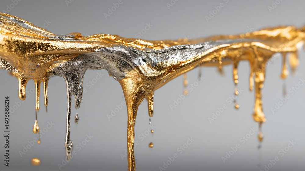 Poster a close view of silver and gold paint dripping midair with soft background creating a strong sense o