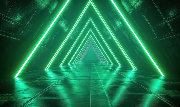 futuristic tunnel with glowing green triangular neon lights reflecting on wet surface creating a sense of depth and mystery