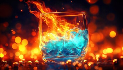 Glass with blue ice cubes surrounded by bright orange flames and warm glowing bokeh lights creating a dynamic contrast of fire and ice
