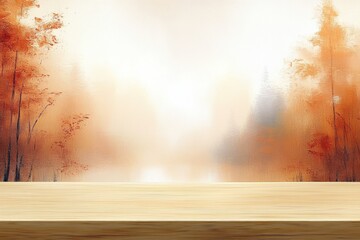 empty light wood table in front of blurred autumn forest with orange and golden foliage creating peaceful atmosphere