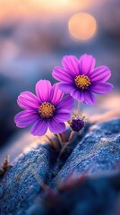 Two vibrant purple flowers with yellow centers blooming from a crack in a textured rock under soft warm light at sunset