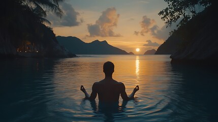 Man Meditates Sunrise Tropical Bay.