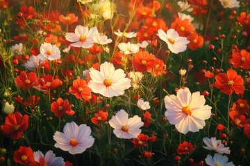 Vibrant field of white and orange flowers glowing warmly in golden sunlight with green foliage in a lively natural setting