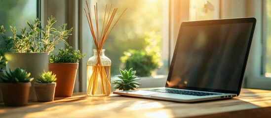 Sunlit wooden desk with open laptop, several small potted plants, and a glass bottle with reed diffuser sticks near large window creating a calm and warm atmosphere