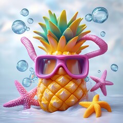 Vibrant pineapple wearing oversized pink snorkel goggles surrounded by colorful starfish and floating air bubbles in a bright aquatic setting