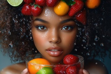 Portrait of a young woman with curly hair adorned with fresh fruits holding a glass bowl filled with strawberries and oranges and water droplets around her face