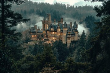 Large illuminated gothic castle surrounded by dense forest and mist creating a mysterious and enchanting atmosphere at dusk