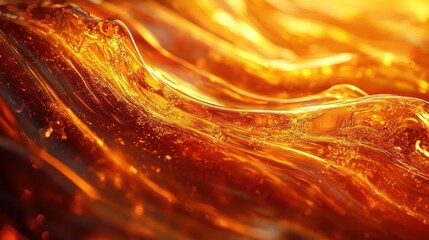 Close-up view of flowing translucent amber liquid with glowing warm tones and rippling surface creating dynamic motion and warmth