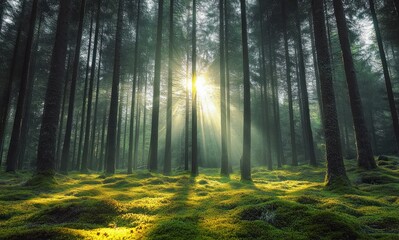 Sunlight streaming through tall evergreen trees illuminating a moss-covered forest floor creating peaceful and serene atmosphere