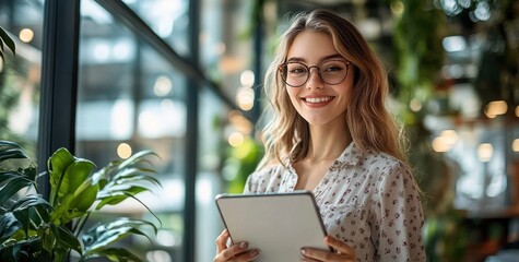 Smiling young woman with glasses holding a tablet in a bright modern indoor setting with green plants and large windows