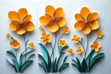 Three panels of vibrant yellow paper flowers with detailed green leaves arranged in a symmetrical and elegant floral display